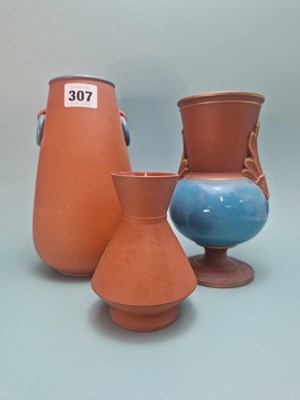 Lot 307 - A Watcombe terracotta vase with leaf handles...