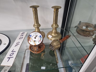 Lot 1625 - A treen watch stand, a clock movement, a pair...
