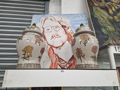 Lot 1672 - A pair of baluster jars and covers decorated...