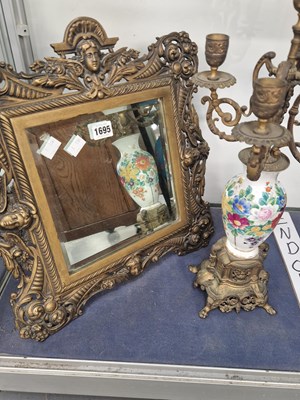 Lot 1695 - An easel backed brass framed mirror together...