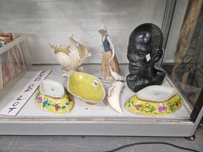 Lot 1702 - Three yellow ground bowls, a Belleek basket, a...