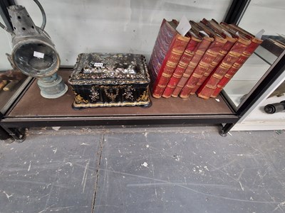 Lot 1714 - A papier mache inlaid with mother of pearl box,...