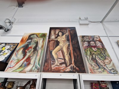 Lot 1715 - Three oils on canvas: a female nude and two...