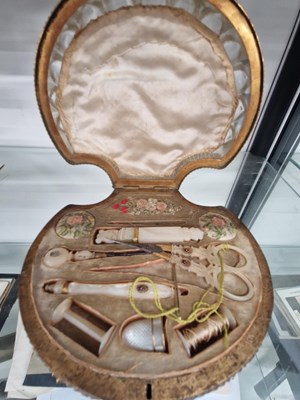 Lot 1720 - Mother of pearl sewing items fitting into a...