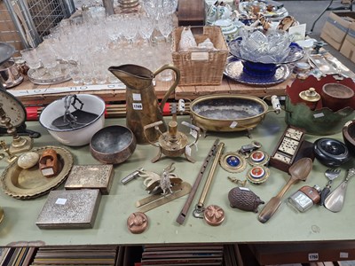 Lot 1749 - Brass wares, dominoes, a horn spoon, scales,...