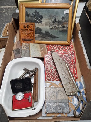Lot 1806 - Tiles, framed prints, a surgical saw, a...