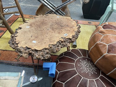 Lot 1838 - A burr wood tree section coffee table on metal...