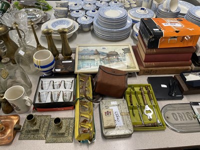 Lot 1883 - Brass ware, boxes of tot glasses, childrens...