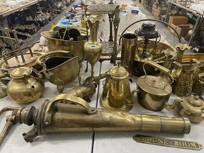 Lot 1885 - Brass wares: kettles, a cannon, a wine bottle...