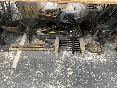 Lot 1921 - A boot scraper, various tools, a table top...