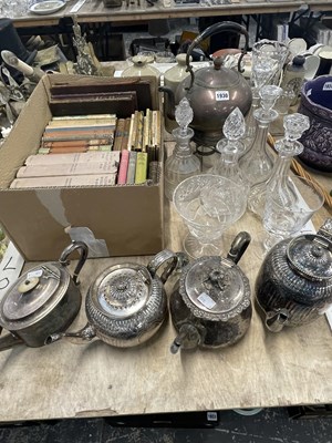Lot 1930 - Four electroplate tea pots, various decanters,...