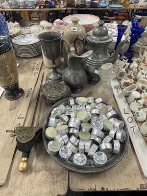 Lot 1963 - A pewter coffee pot, other pewter, three...