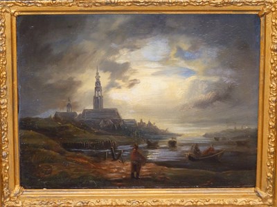 Lot 571 - 19th century Dutch school. Estuary at twilight....