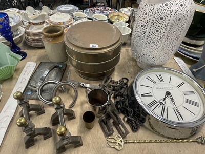 Lot 1966 - Bras and iron fire dogs, a wall clock, a...
