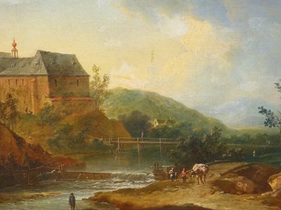 Lot 575 - 18th-century European school, chateau by river...