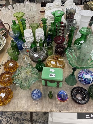Lot 1993 - Coloured glass: to include green candlesticks,...