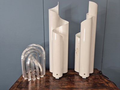 Lot 868 - A pair of cylindrical scroll milk glass table...