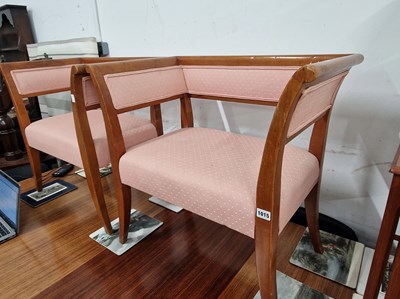 Lot 1015 - A pair of mahogany salon armchairs with pink...