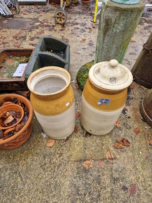 Lot 746 - Two two-tone pottery flour crocks.