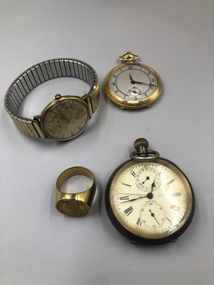 Lot 111 - A 935 Swiss silver pocket watch, a rolled gold...