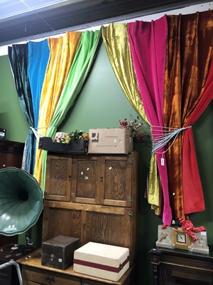 Lot 2056 - Two drops of interlined curtains made of...