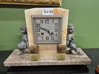 Lot 2059 - A marble and agate mounted mantel clock...
