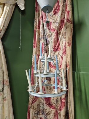 Lot 2080 - A three tier blue and white chandelier hung...