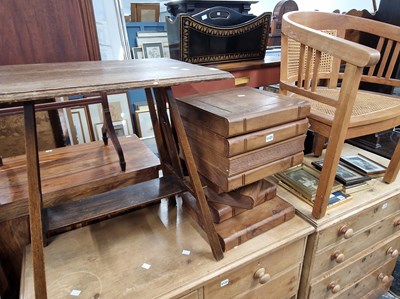 Lot 1123 - A carved hardwood bookform box stool, a cane...