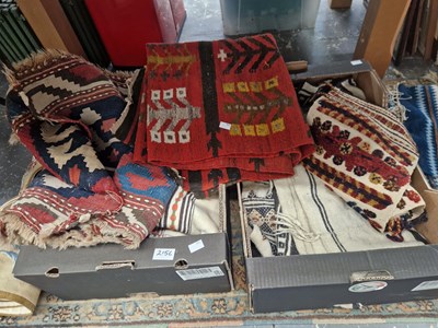 Lot 2156 - Three Kelim rugs and other textiles.