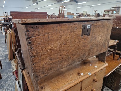 Lot 1379 - A 17th century Elm plank coffer H 54 W 98 D 39cms