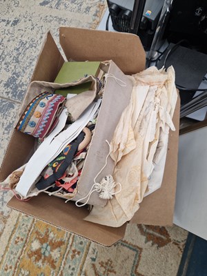 Lot 1403 - A box of antique and later sewing equipment,...