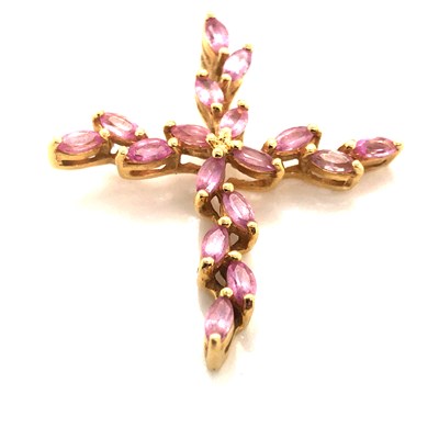 Lot 150 - An 18ct hallmarked gold pink gem set cross...