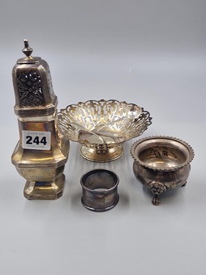 Lot 244 - Hallmarked silver to include a sugar castor,...