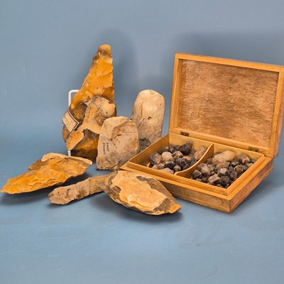 Lot 341 - Five knapped flint hand axes inscribed with...