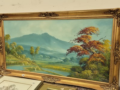 Lot 236 - A very large oil on canvas A river valley with...
