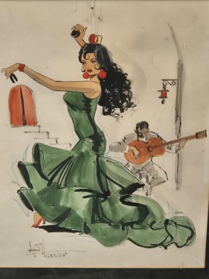 Lot 238 - A Flamenco dancer. watercolour and ink. signed...
