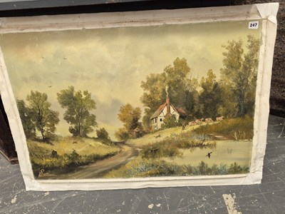 Lot 247 - oil on canvas. rural scene with pond and cottage.