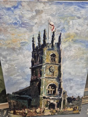 Lot 301 - 20th century oil on canvas. A church tower.