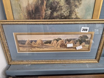 Lot 308 - A small watercolour of corn stooks and an oil...