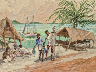 Lot 340 - Ivy Attwell. Fisherman with catch. Oil on...