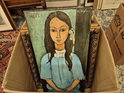 Lot 354 - A print after Modigliani titled Alice, a gilt...