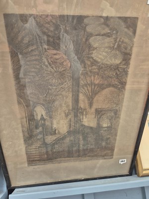 Lot 382 - A large, indistinctly signed etching. Church...