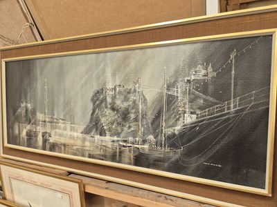 Lot 413 - Ted Dyer. Boats ashore near cliffs. Oil on...