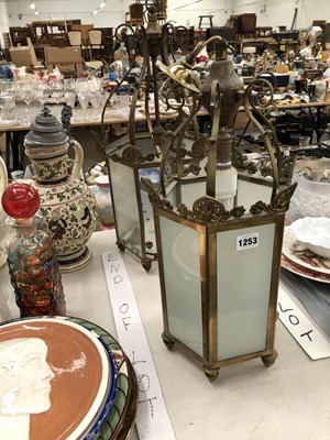 Lot 1253 - Two glazed brass hexagonal ceiling lanterns