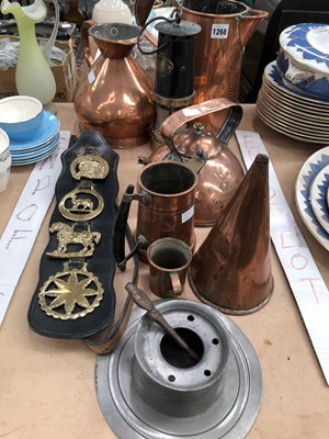 Lot 1268 - A copper spirit measure, a kettle and other...