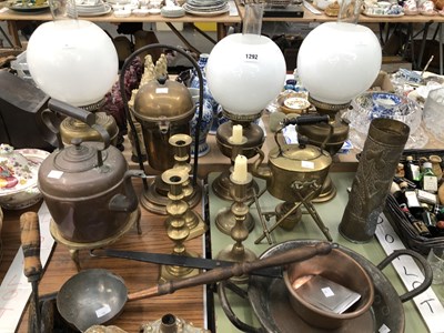 Lot 1292 - Three oil lamps, brass and copper kettles,...