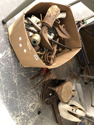 Lot 1297 - Five fire bellows together with a box of iron,...