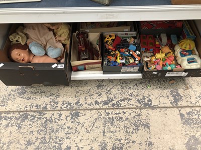 Lot 1320 - Dolls and toy figures, a child's sewing...