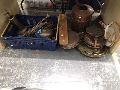 Lot 1425 - Fire irons, bellows, a cricket bat, two tennis...