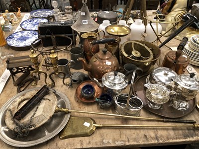 Lot 1457 - Metal wares: copper kettles, fire irons,...